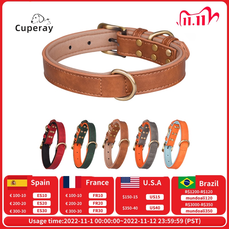 Leather Dog Collar Padded Pet Collars Adjustable Dog Collar Strong& Durable for Small Medium Dogs Pet Shop Bulldog Bull Terrier